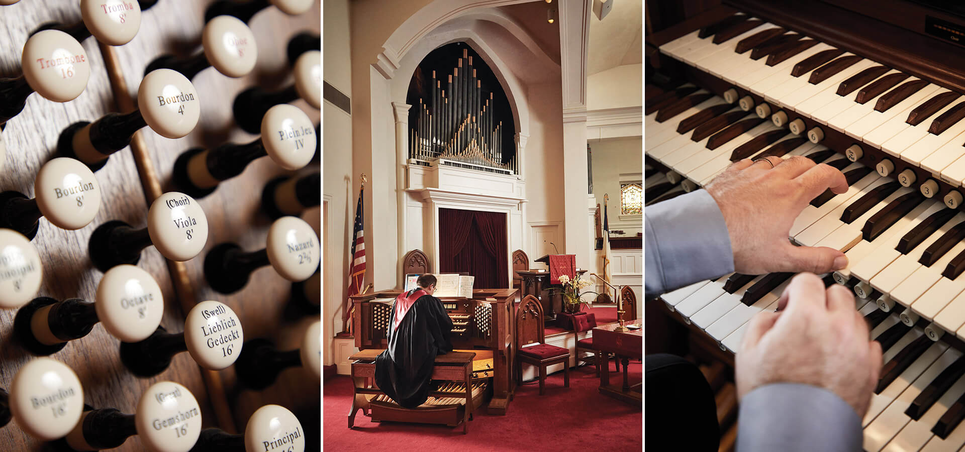 Organ stops and Weil Sawyer playing the organ