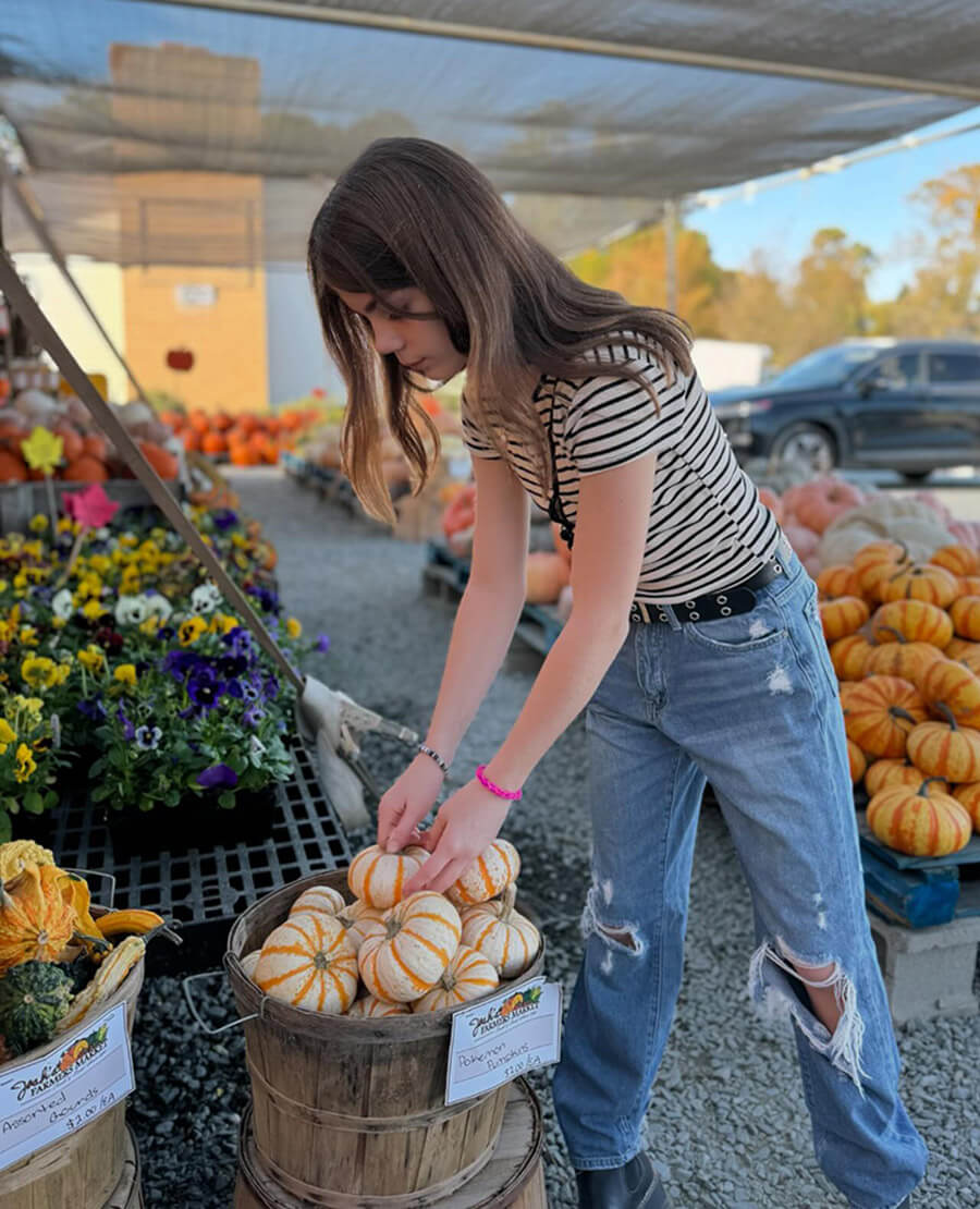Girl picks mini pumpkins at Josh's Farmers Market.