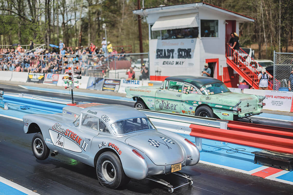 Two racecars, The Silver Streak II and The Joker, at the Shadyside Dragway