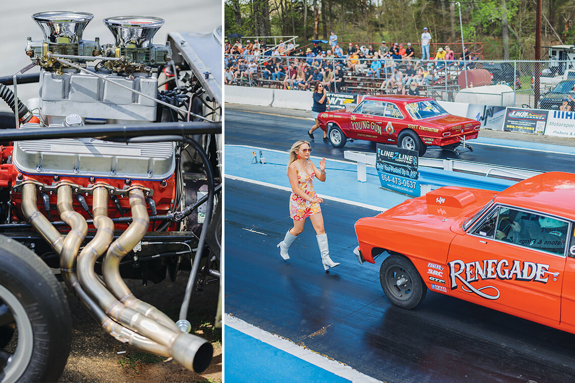 Modified engine of a racecar and Alexis Phillips running toward a racecar