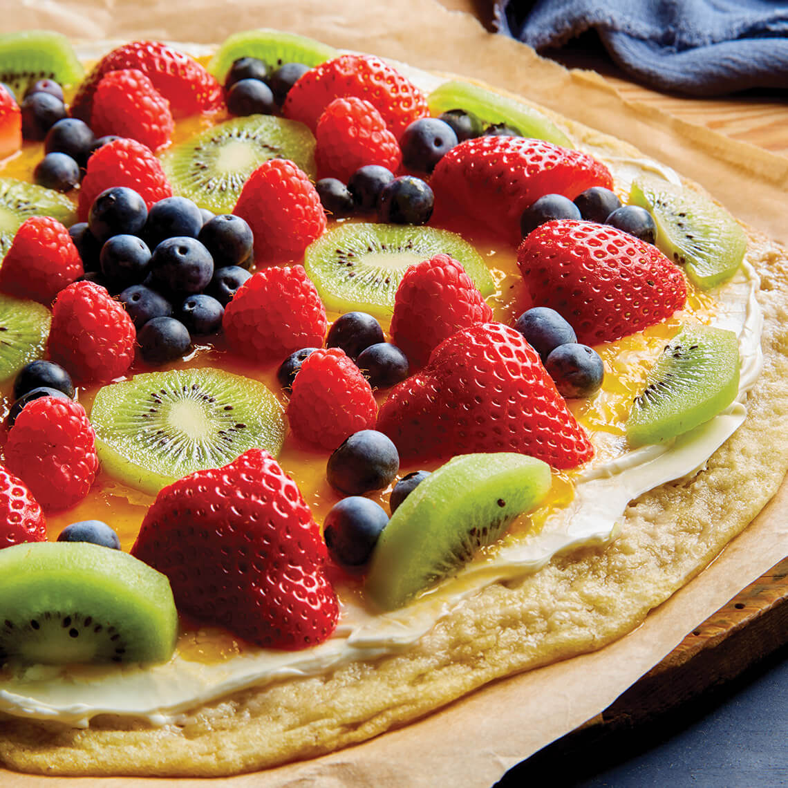 Sugar cookie pizza topped with fruit