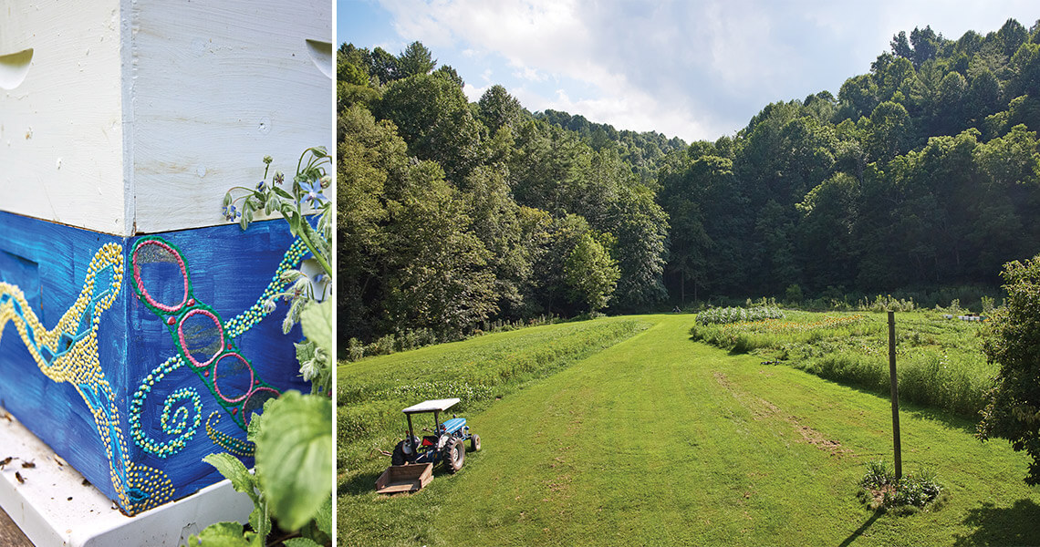 Vivian's decorated bee box and a tractor on the Wilkes's land