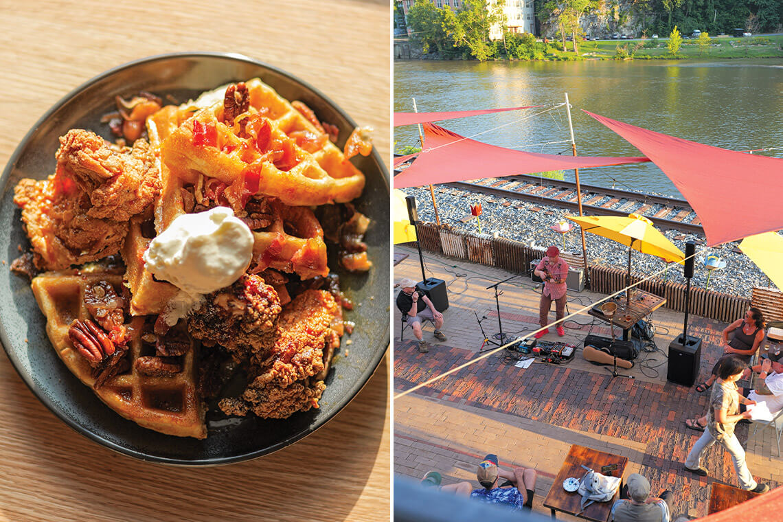 Plate of chicken and waffles and musicians performing on the patio at Zadie's