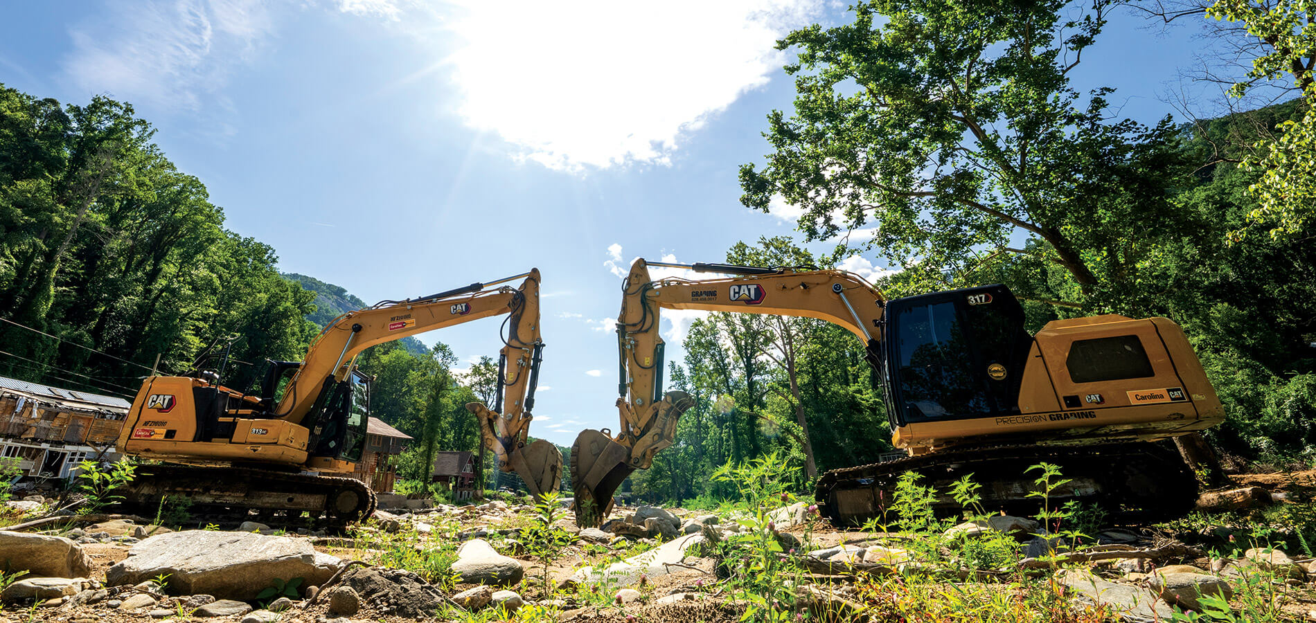 Excavators clearing debris after Hurricane Helene