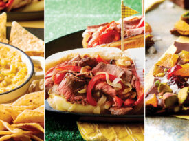 Hot cheesy corn dip; steak and cheese sub sandwiches, and pistachio chocolate bark