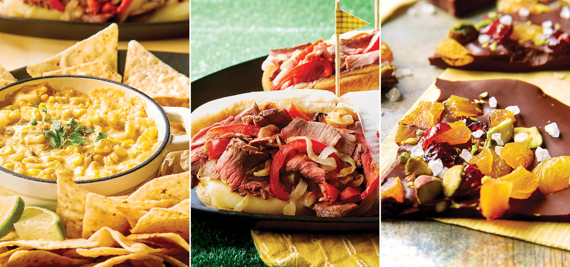 Hot cheesy corn dip; steak and cheese sub sandwiches, and pistachio chocolate bark
