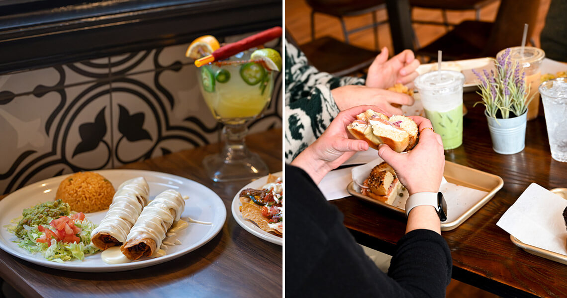 Plate of enchiladas and person eating a bagel sandwich