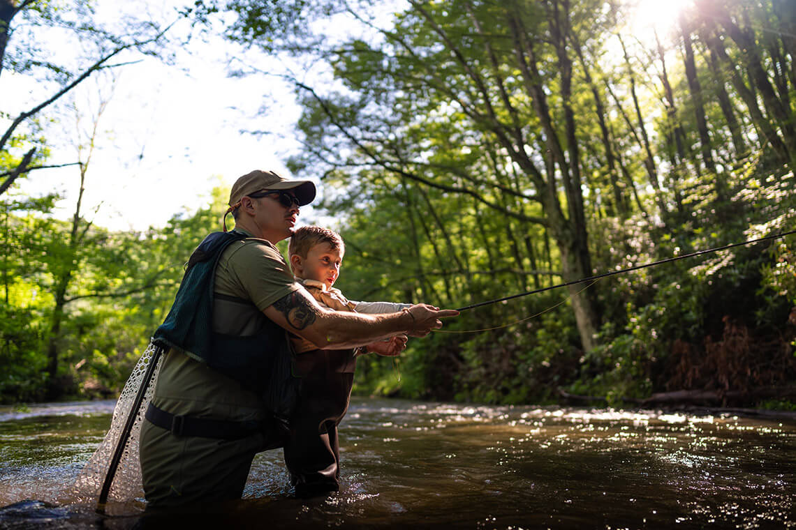 Adult and child fly-fishing