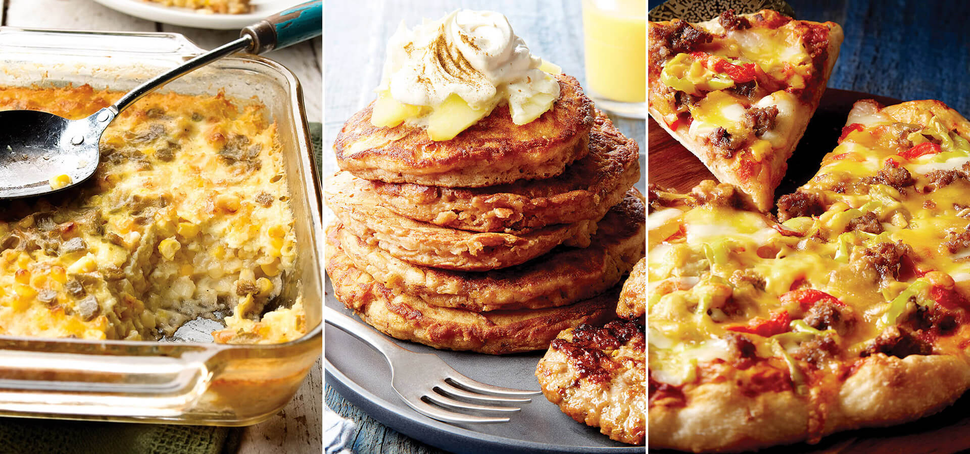 Corn casserole, apple pancakes, and sausage and pepper pizza