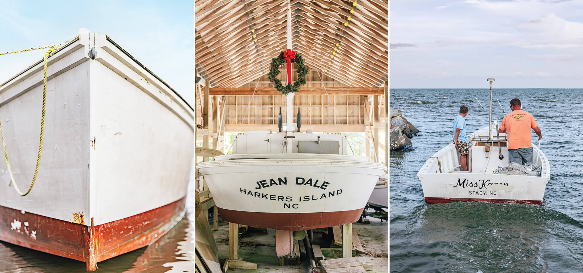 Wooden boats, including the Jean Dale. Timothy Fulcher and Chester Reid on a boat built by Jimmy Amspacher