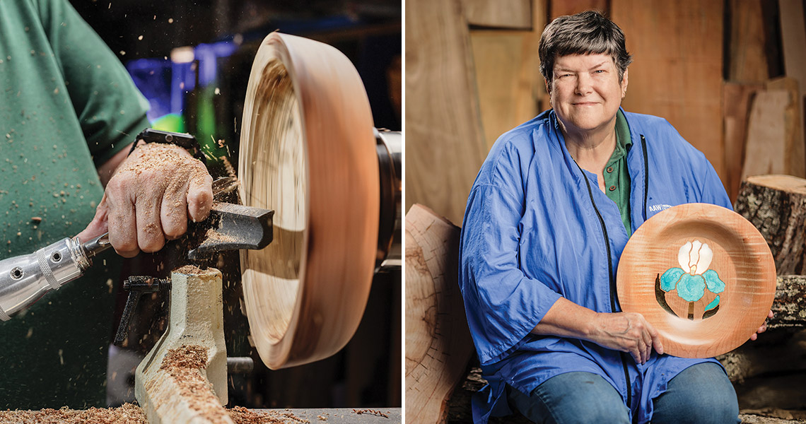Louise Butler using a lathe to create her pieces