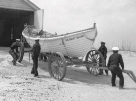 Crew at the Pea Island Life-Saving Station during a training
