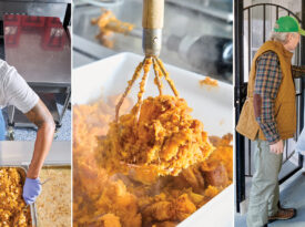 Meals on Wheels volunteer Jere Campbell, sweet potatoes, and Franklin Plummer delivering meals