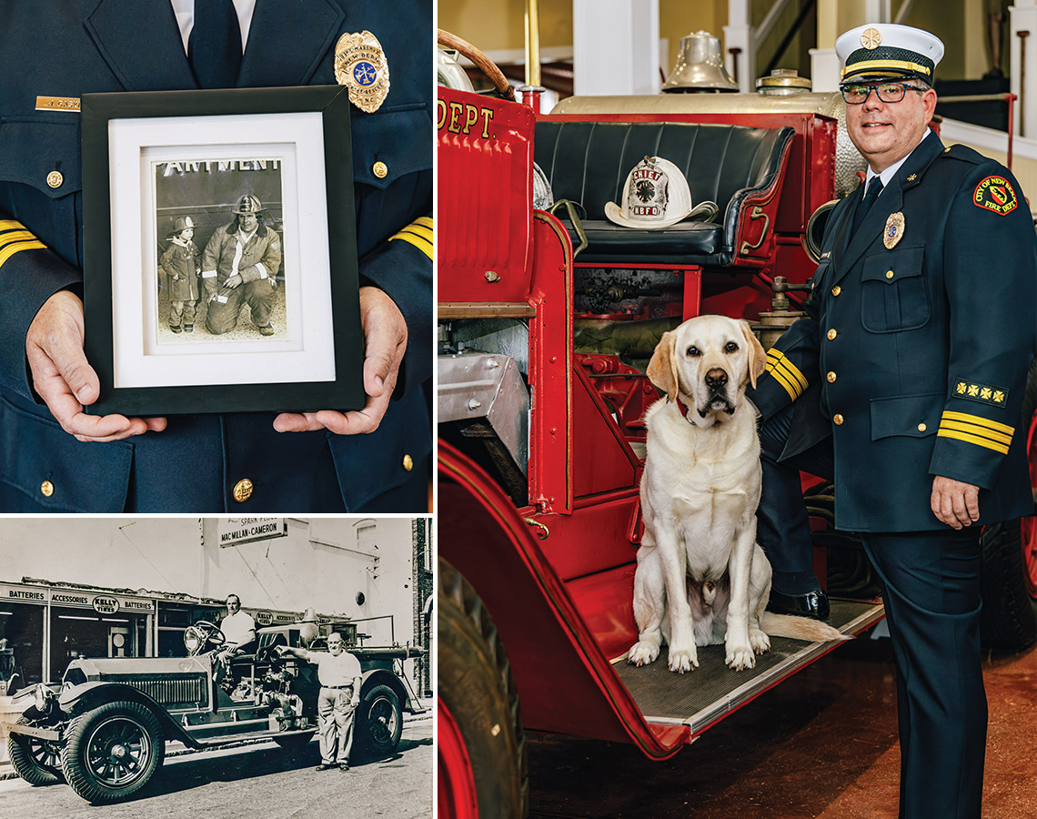 New Bern firefighter Johnathon Gaskins in the station with a truck and his dog and holding a photo of his dad, a former firefighter