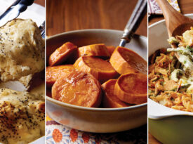 Poppy seed dinner rolls, baked sweet potatoes, and lima bean and asparagus casserole