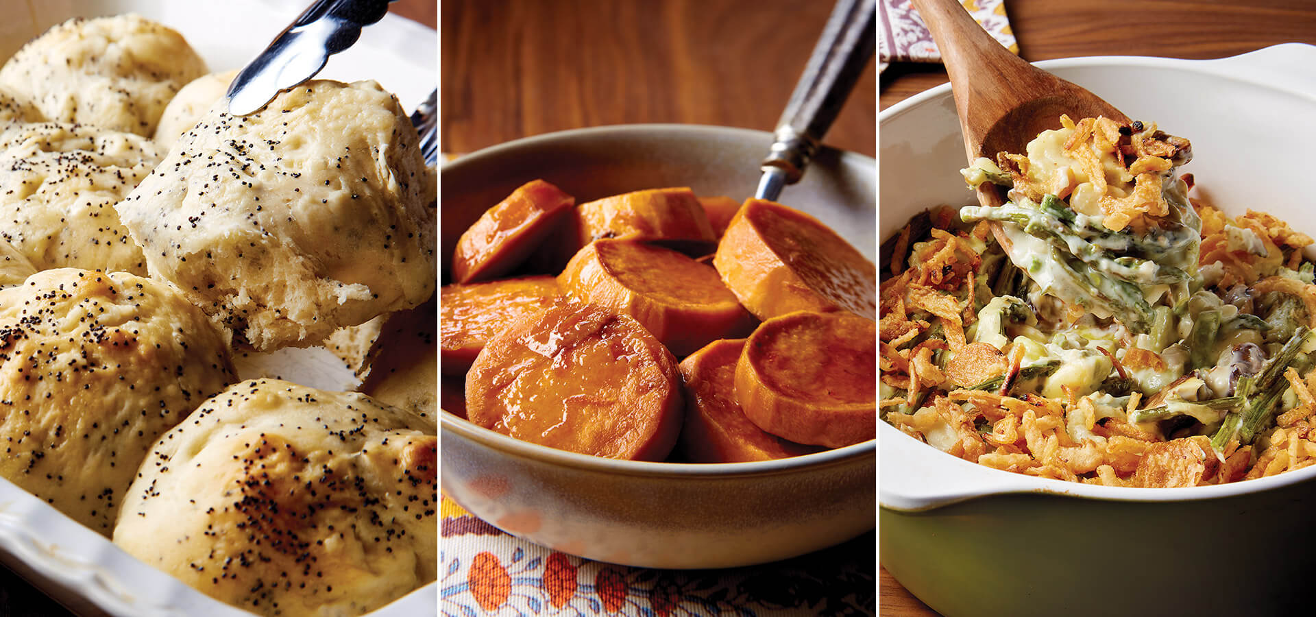 Poppy seed dinner rolls, baked sweet potatoes, and lima bean and asparagus casserole