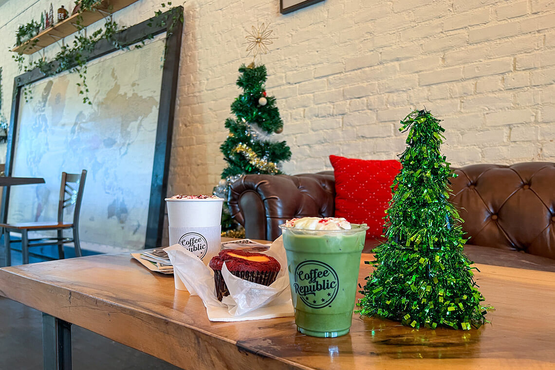 Two seasonal coffee specials and a muffin