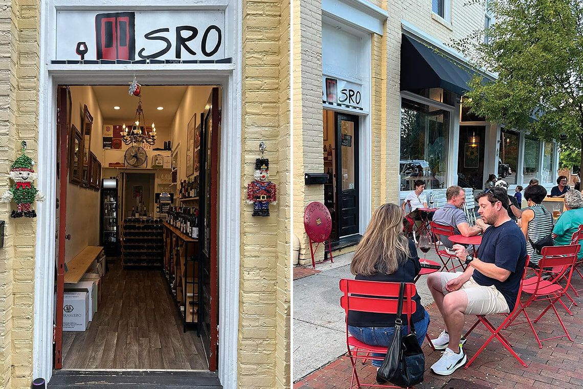 Interior of Standing Room Only wine shop and people drinking outside at tables