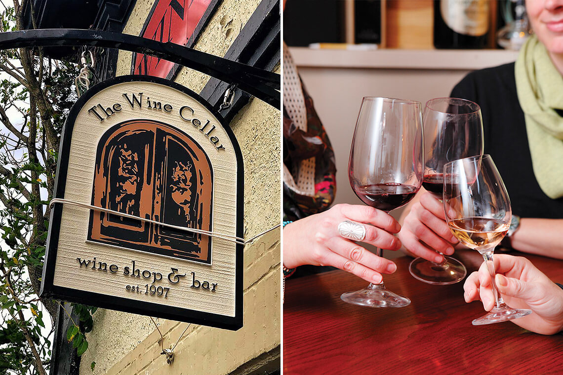 The Wine Cellar front signage and people holding wine glasses inside