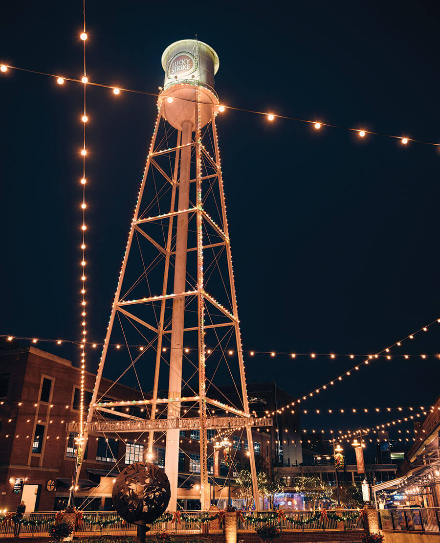 Lucky Strike Water Tower and the American Tobacco Campus decorated for Christmas