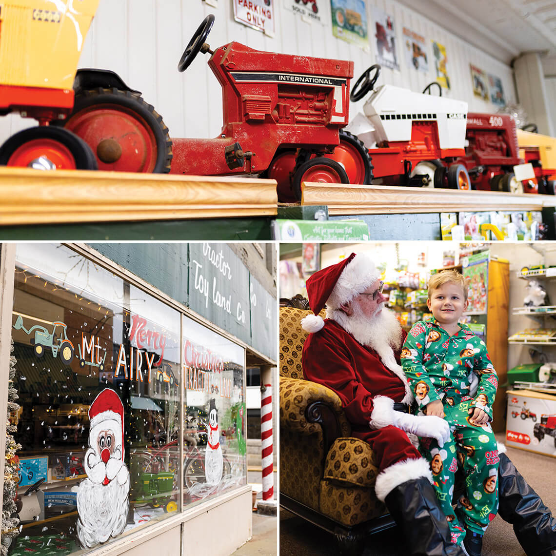 Mt. Airy Tractor Toyland interior with vintage tractors and store window. Child visits with Santa