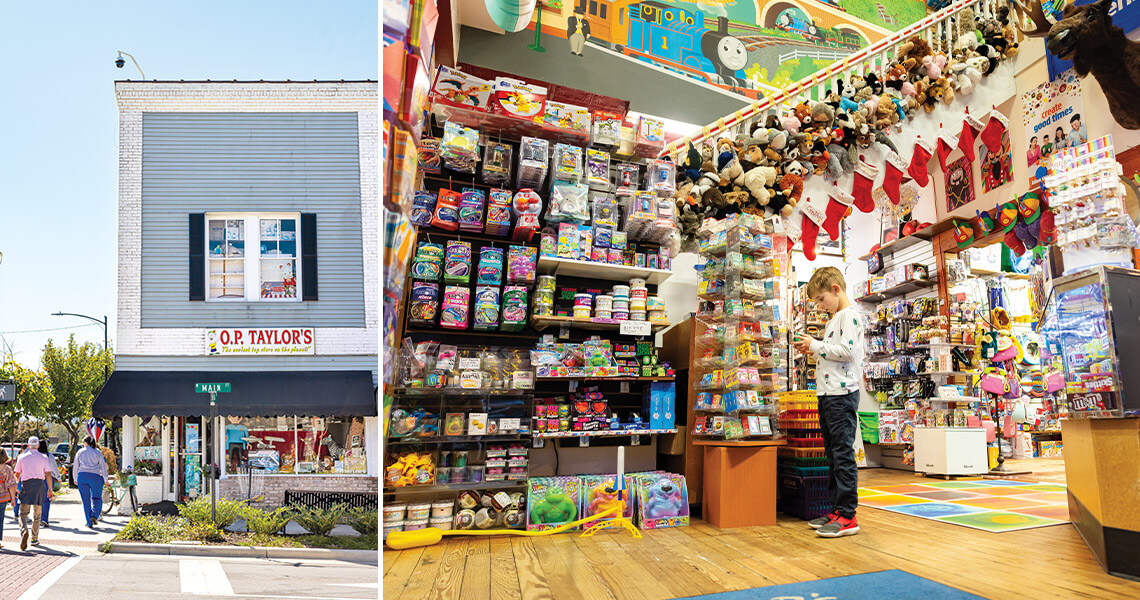 Exterior of O.P. Taylors and child exploring toys inside