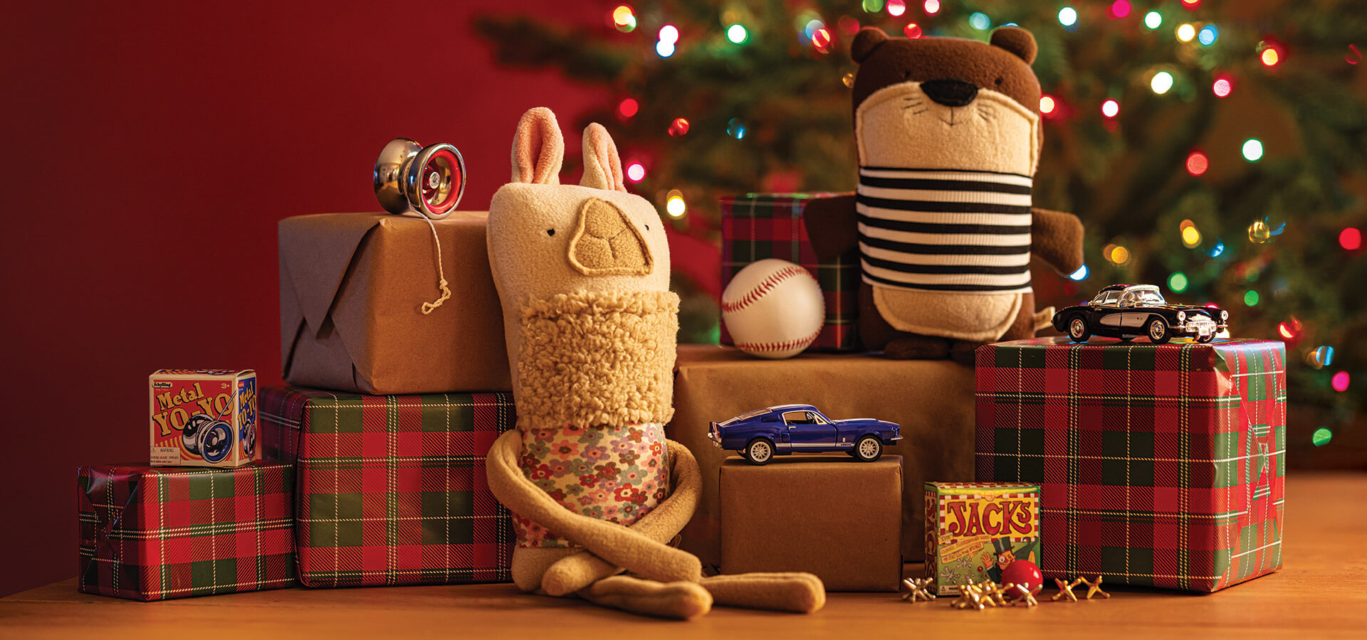 Plush toys and Christmas packages.