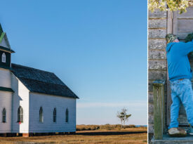 Exterior of the Portsmouth Methodist Church and Gregory Gilgo hanging a wreath