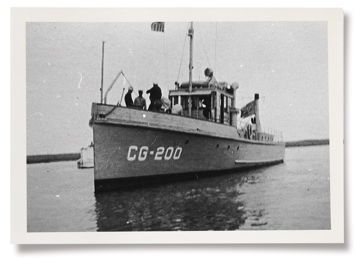 Black and white photo of a Coast Guard ship