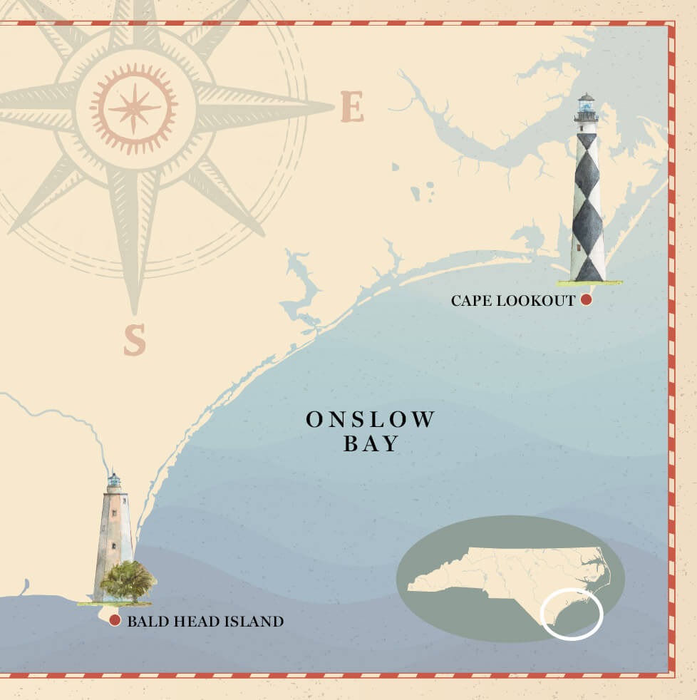 Map of Cape Lookout and Bald Head Island in North Carolina