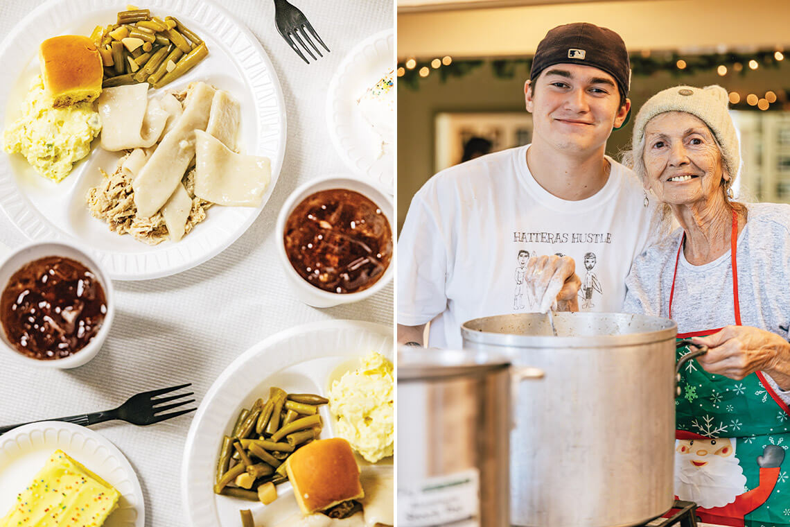 Plate of chicken and pastry with green beans and iced tea. Connie Midgett Page and her grandson, Noah, prepare the traditional Old Christmas meal.