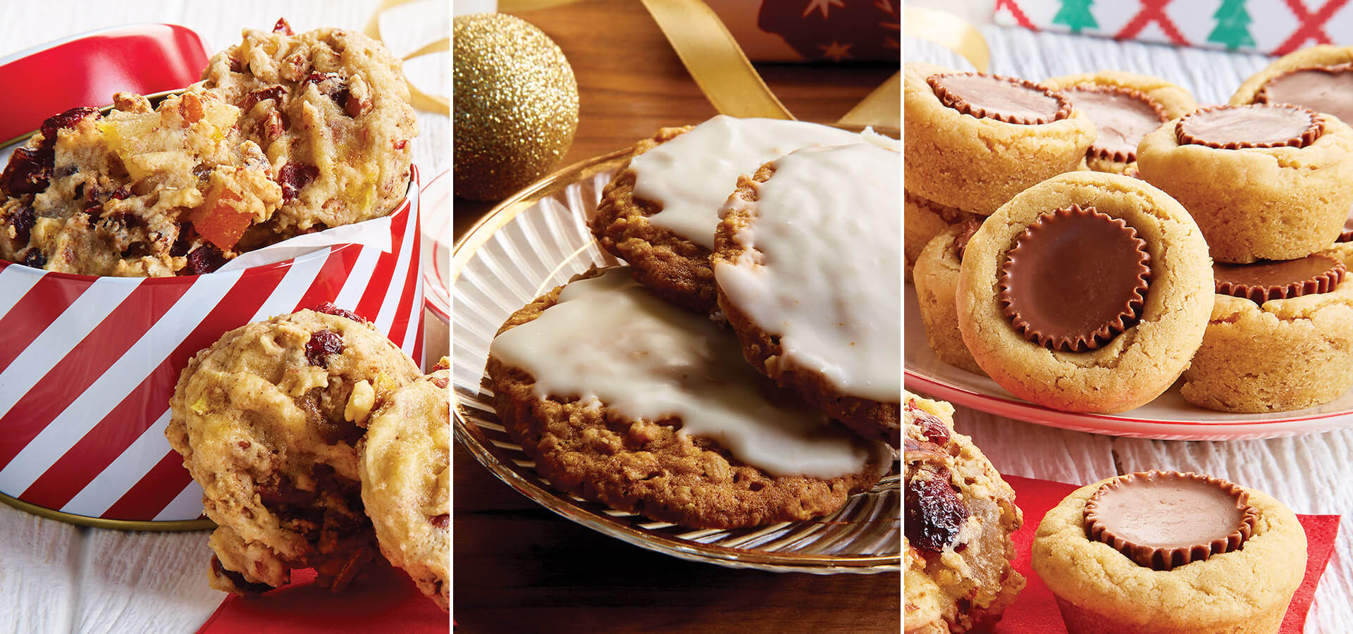 Fruitcake, iced oatmeal cookies, peanut butter blossoms.