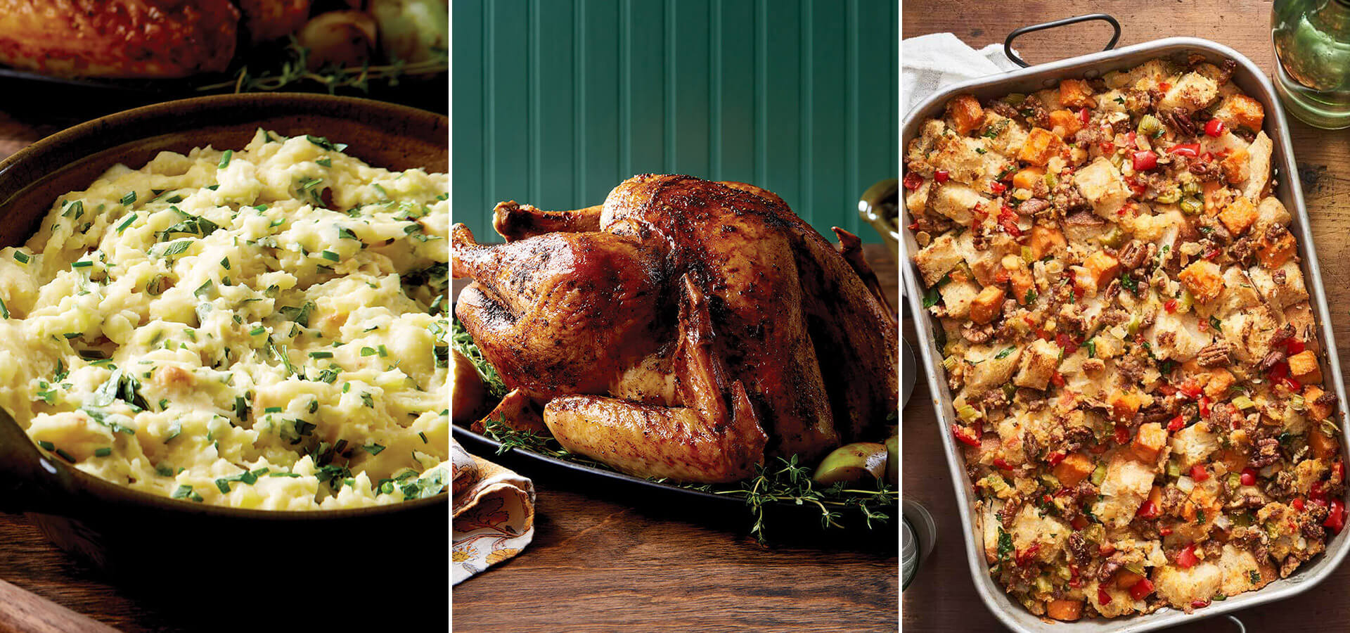 Mashed potatoes, roasted turkey, stuffing