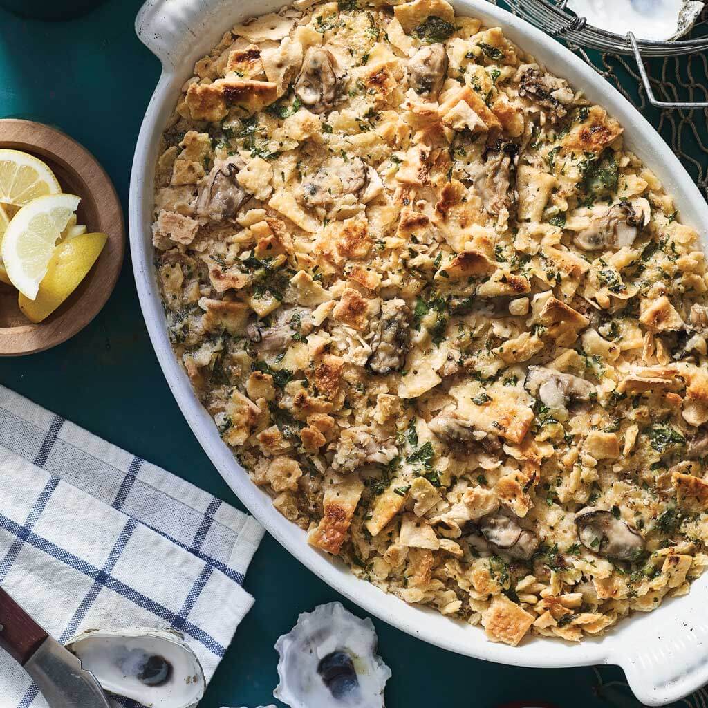 Casserole dish of oyster dressing