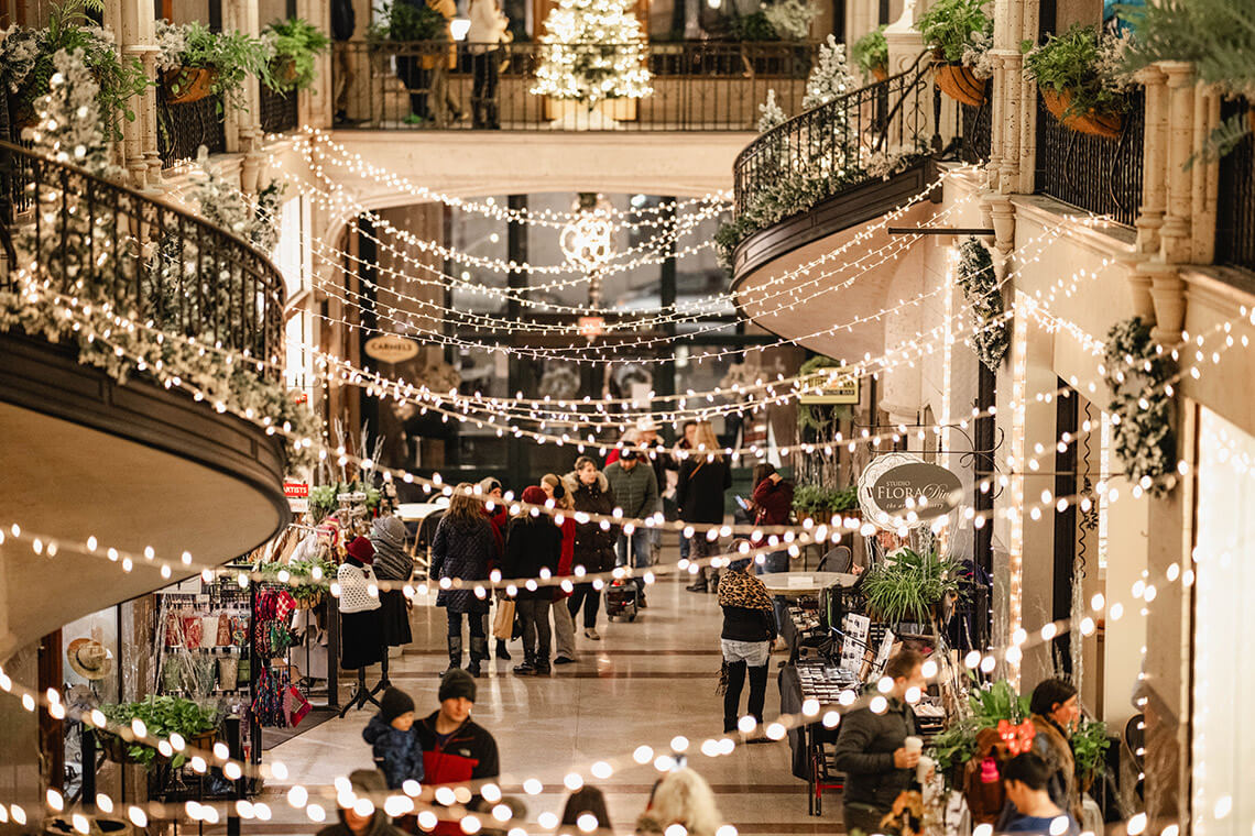 Christmas lights in Asheville's Grove Arcade