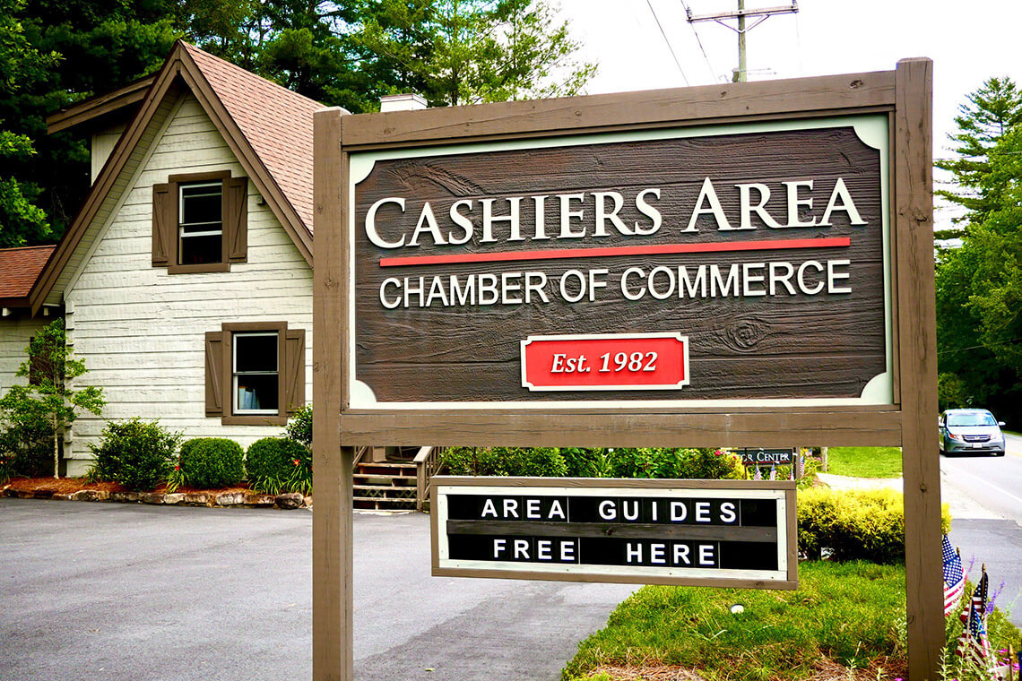 Front sign for the Cashiers Area Chamber of Commerce