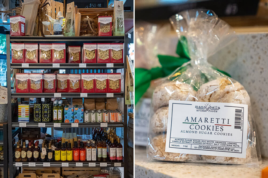Shelves of groceries and bag of amaretti cookies at Mano Bella
