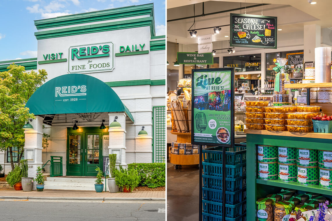 Exterior and display inside Reid's Fine Foods in Charlotte