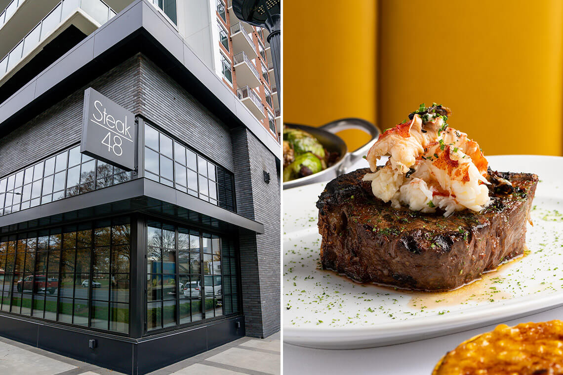 Exterior of Steak 48 and filet topped with lobster