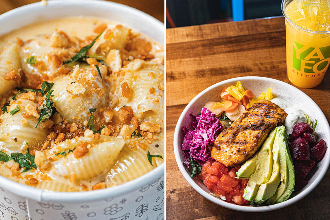 Greek mac and cheese and salmon bowl at Yafo Kitchen in SouthPark