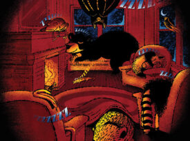 Illustration of a bear, porcupine, and beaver asleep by the fire