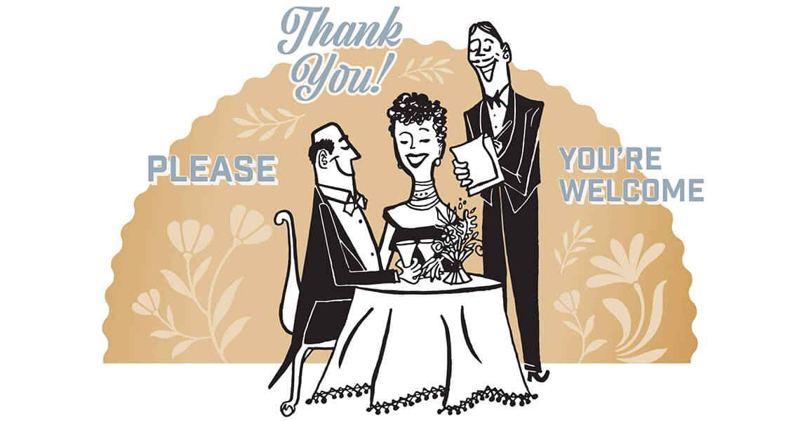 Illustration of people at a restaurant saying Please, Thank you, You're Welcome