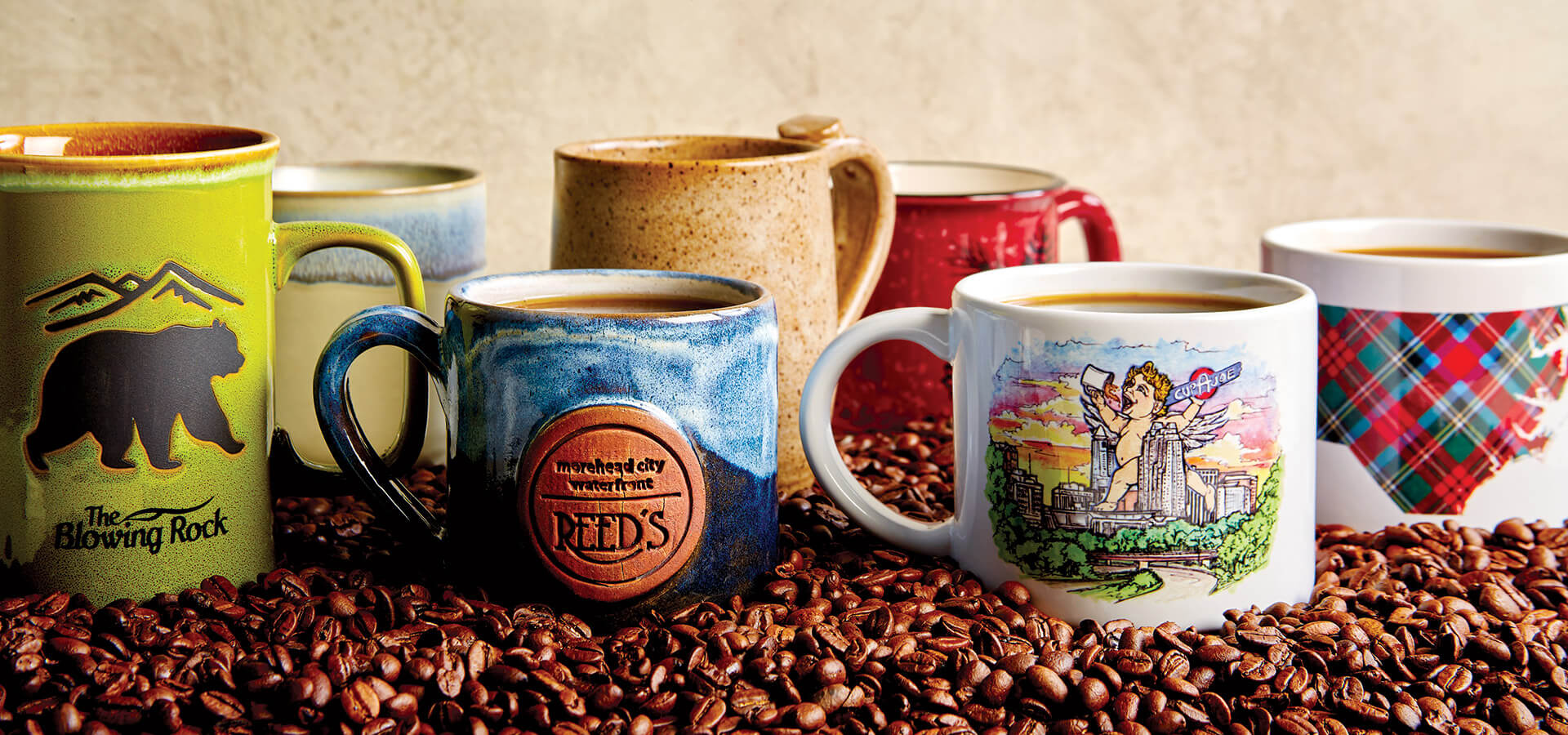Collection of coffee mugs from around North Carolina