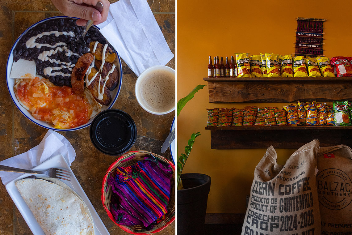 Plate of food and shelves of coffee at Little Guatemala.