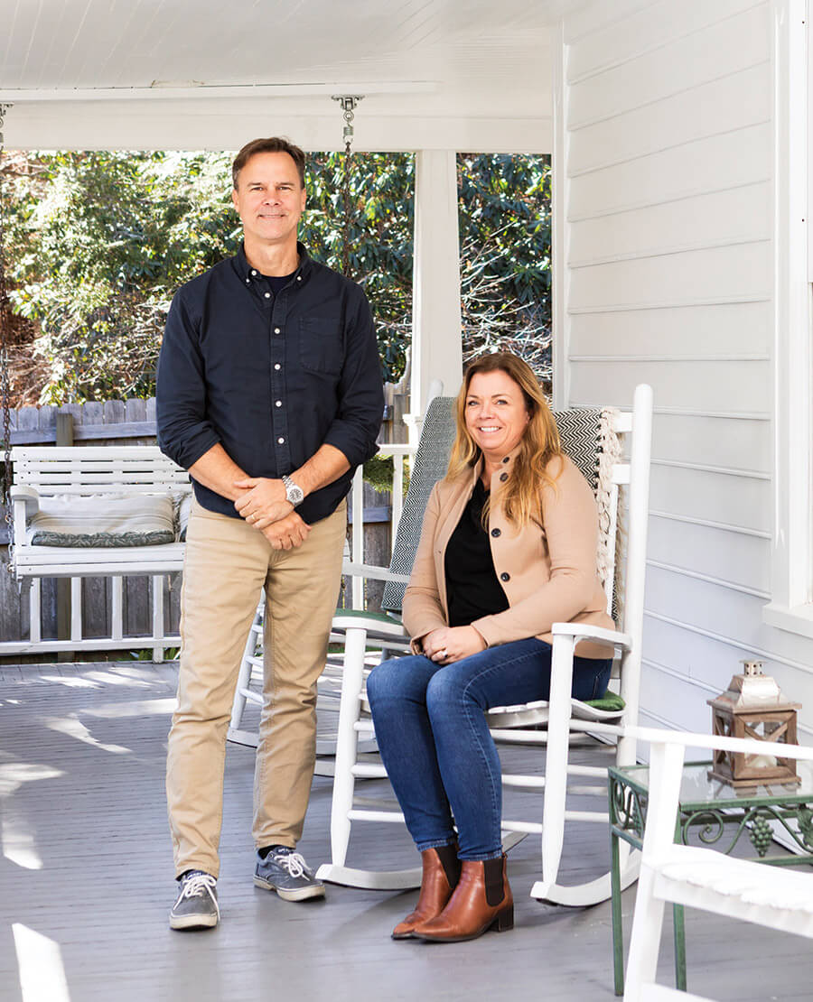 Joel and Tonje Olsen on the porch at Lovill House
