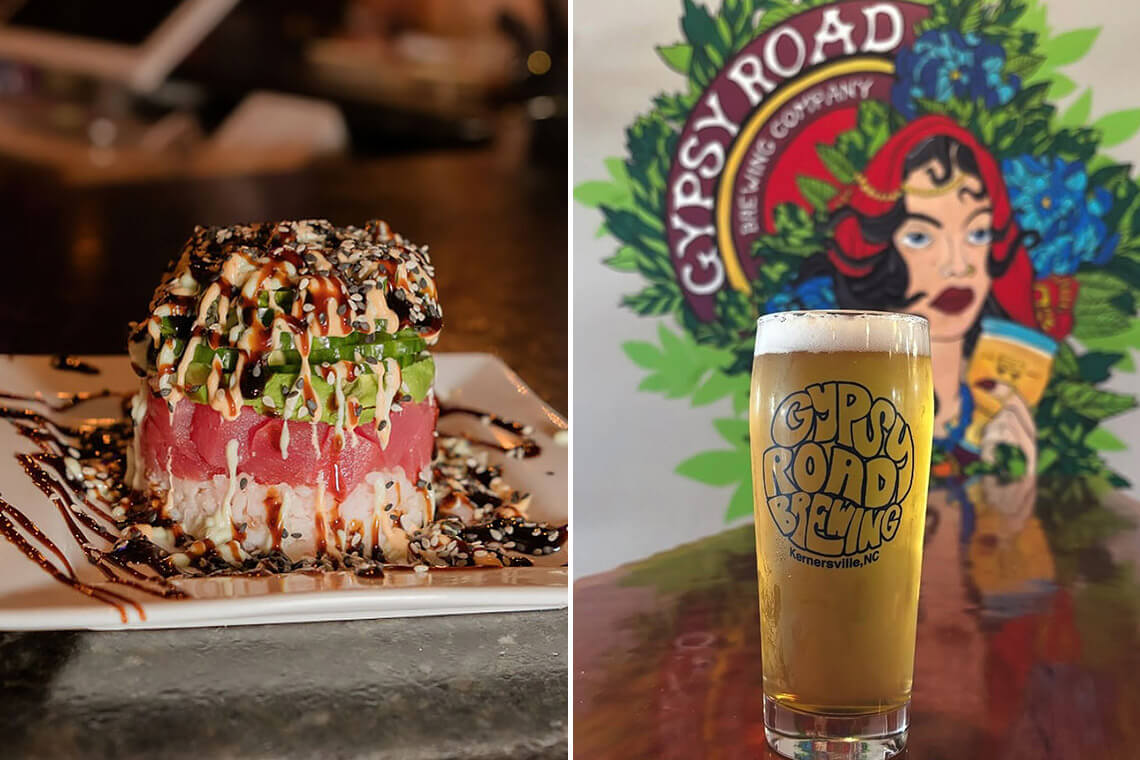 Stack of tuna appetizer and pint of Gypsy Road Brewing beer