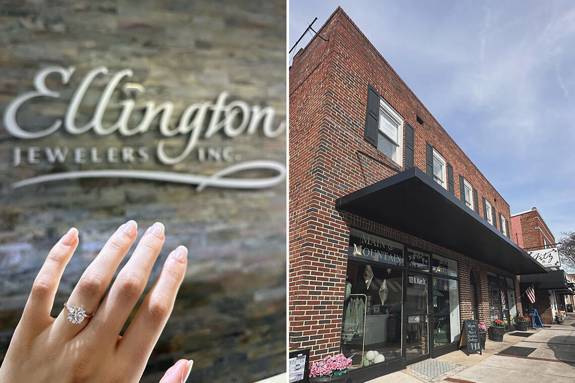 Hand with ring at Ellington Jewelers. Storefront of Main & Mountain Bookstore