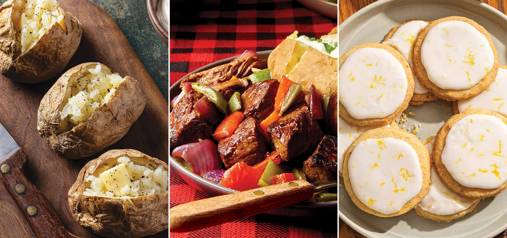 Baked potatoes, sirloin beef tips, and lemon cookies