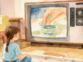 Child watches TV commercial