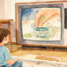 Child watches TV commercial